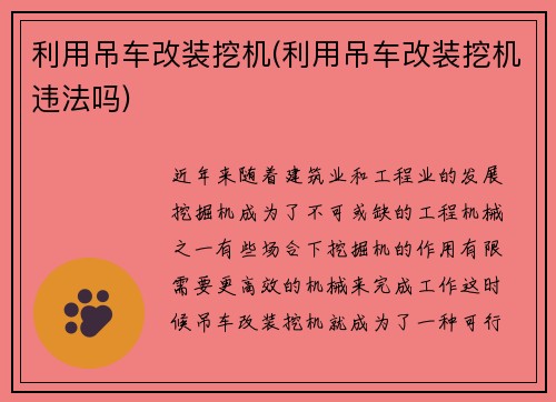 利用吊车改装挖机(利用吊车改装挖机违法吗)
