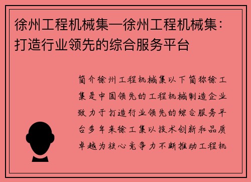 徐州工程机械集—徐州工程机械集：打造行业领先的综合服务平台